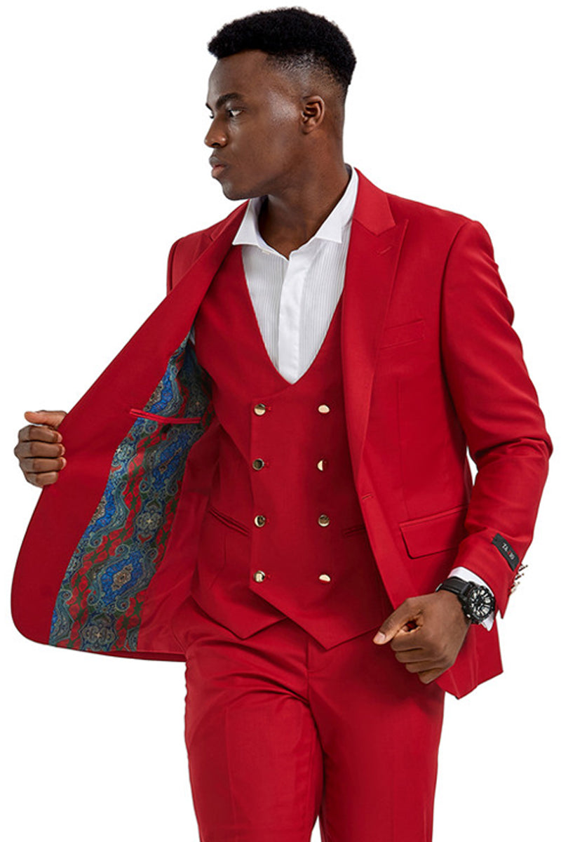 Men’s One Button Peak Lapel Vested Suit with Gold Buttons in Red