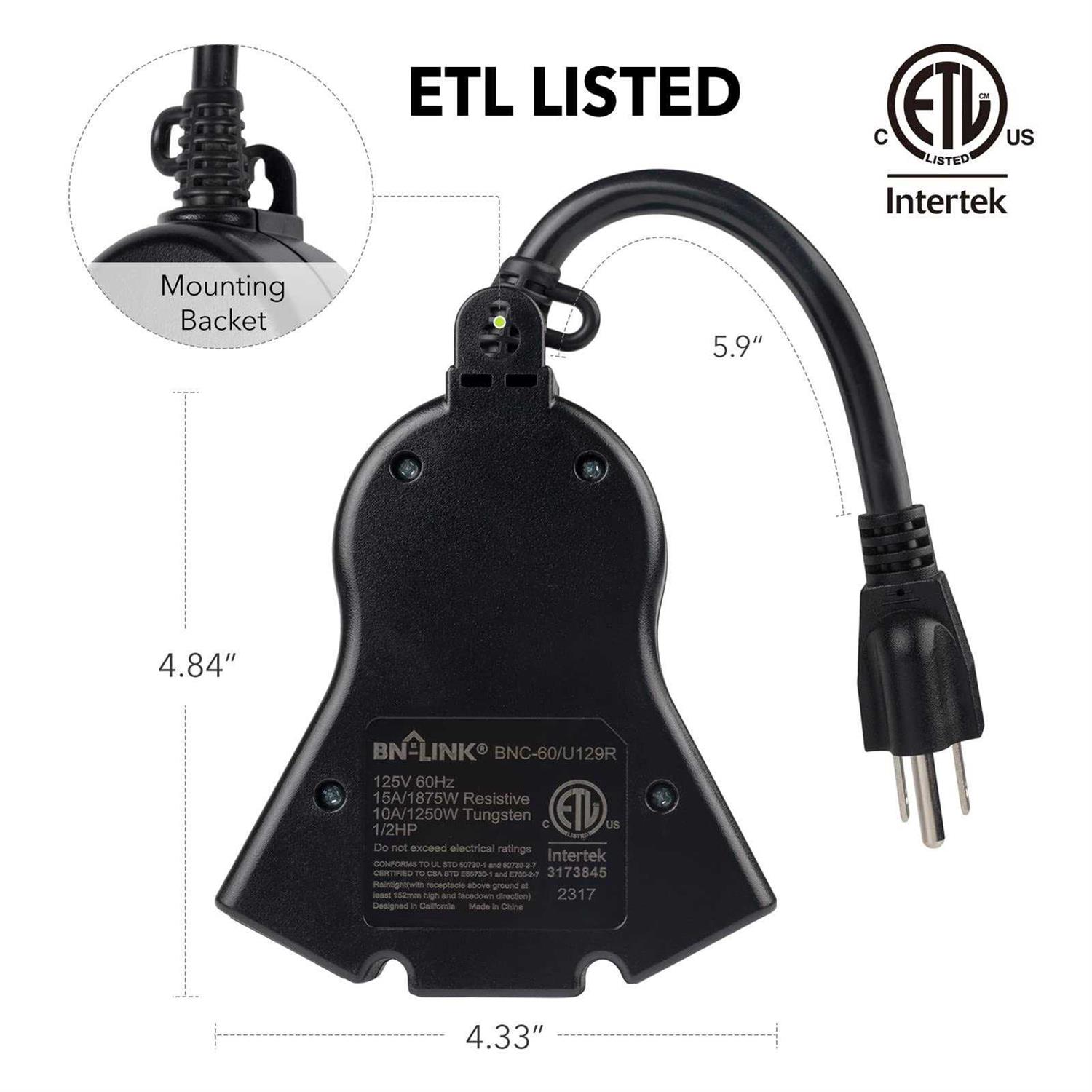 BN-LINK Outdoor 24-Hour Water Resistant Photoelectric Countdown Timer Photocell Light Sensor 3 Grounded Outlets