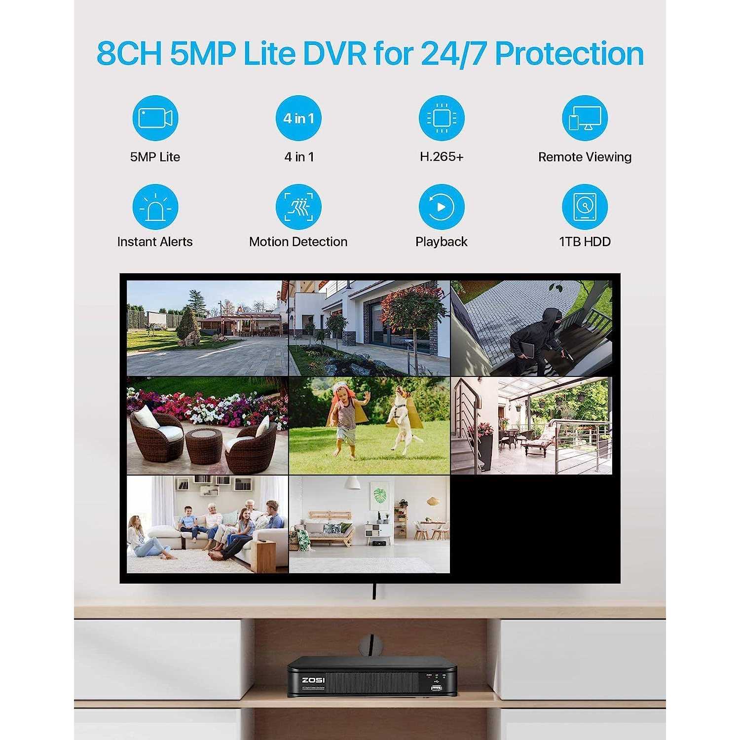 ZOSI H.265+ 8-Channel 5MP-Lite DVR 1TB Hard Drive Security Camera System with 8 1080P Wired Bullet Cameras