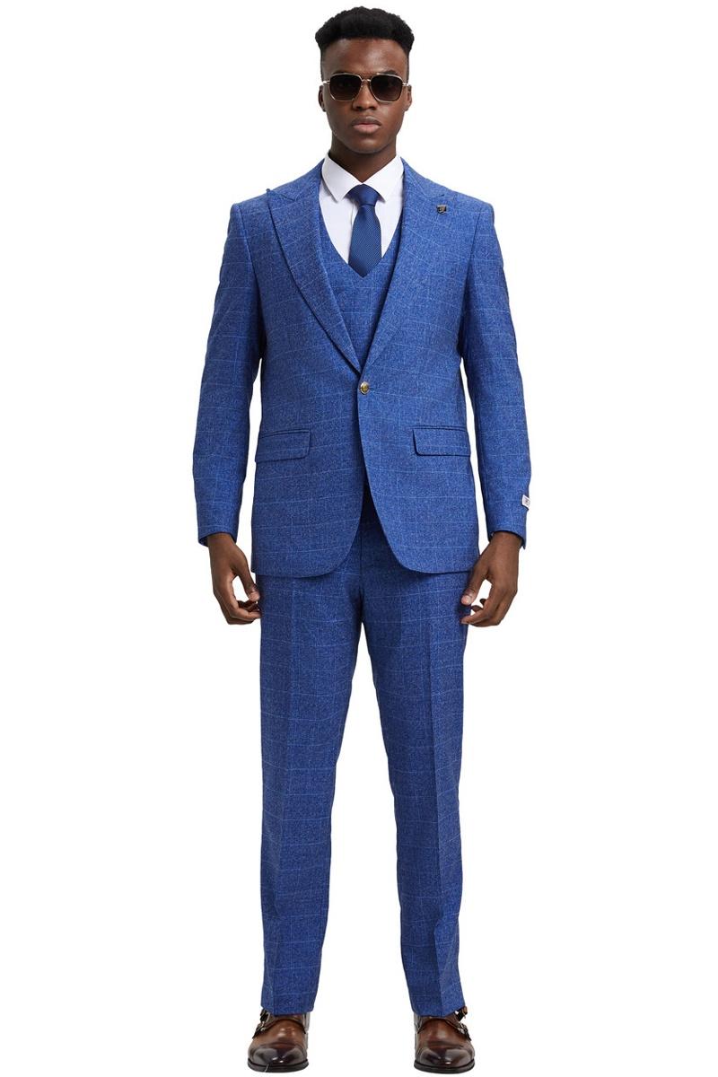 Men’s Stacy Adams Peak Lapel Suit with Double Breasted Vest in Blue Windowpane Plaid