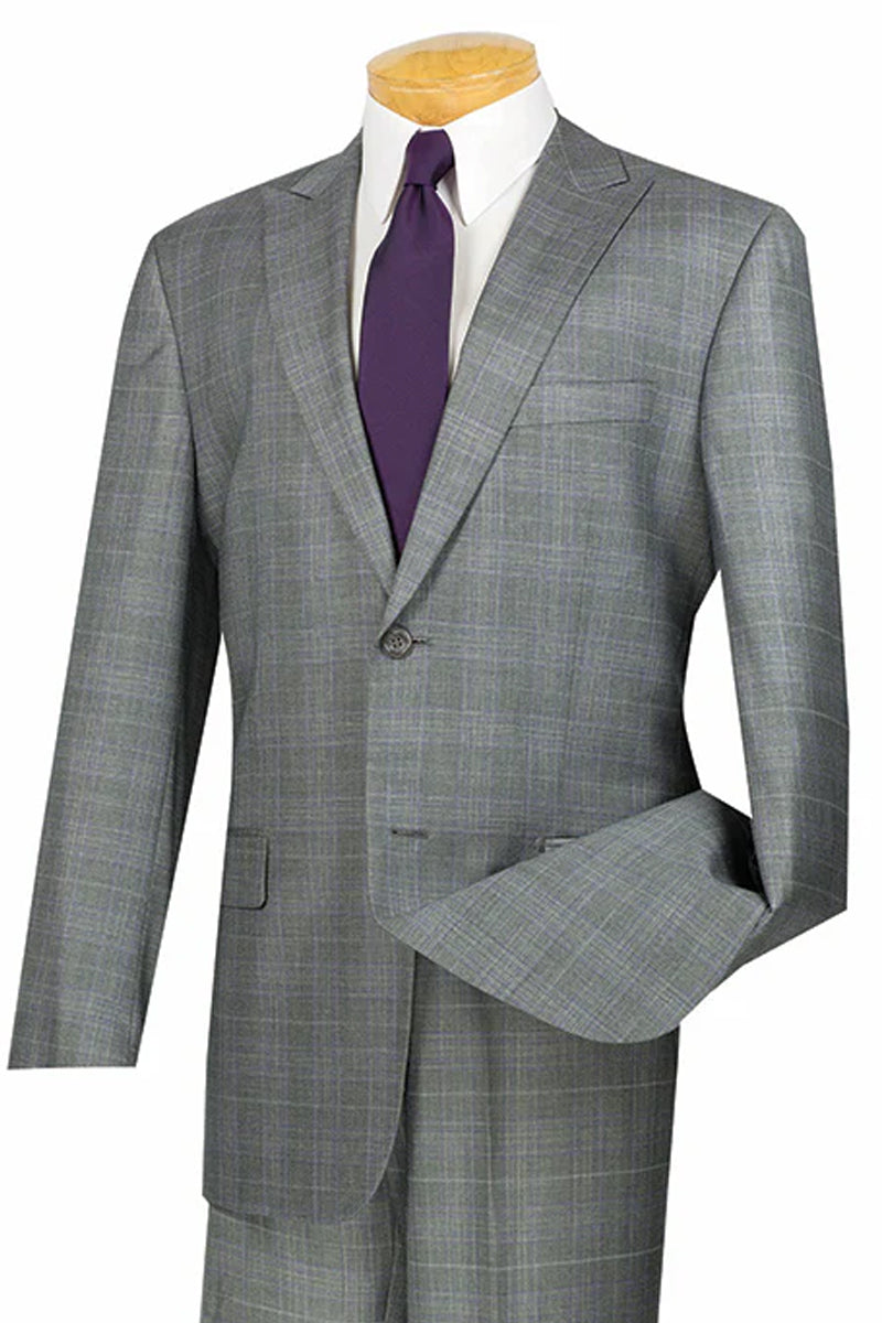 Men’s Modern Fit Summer Glen Plaid Business Suit in Grey