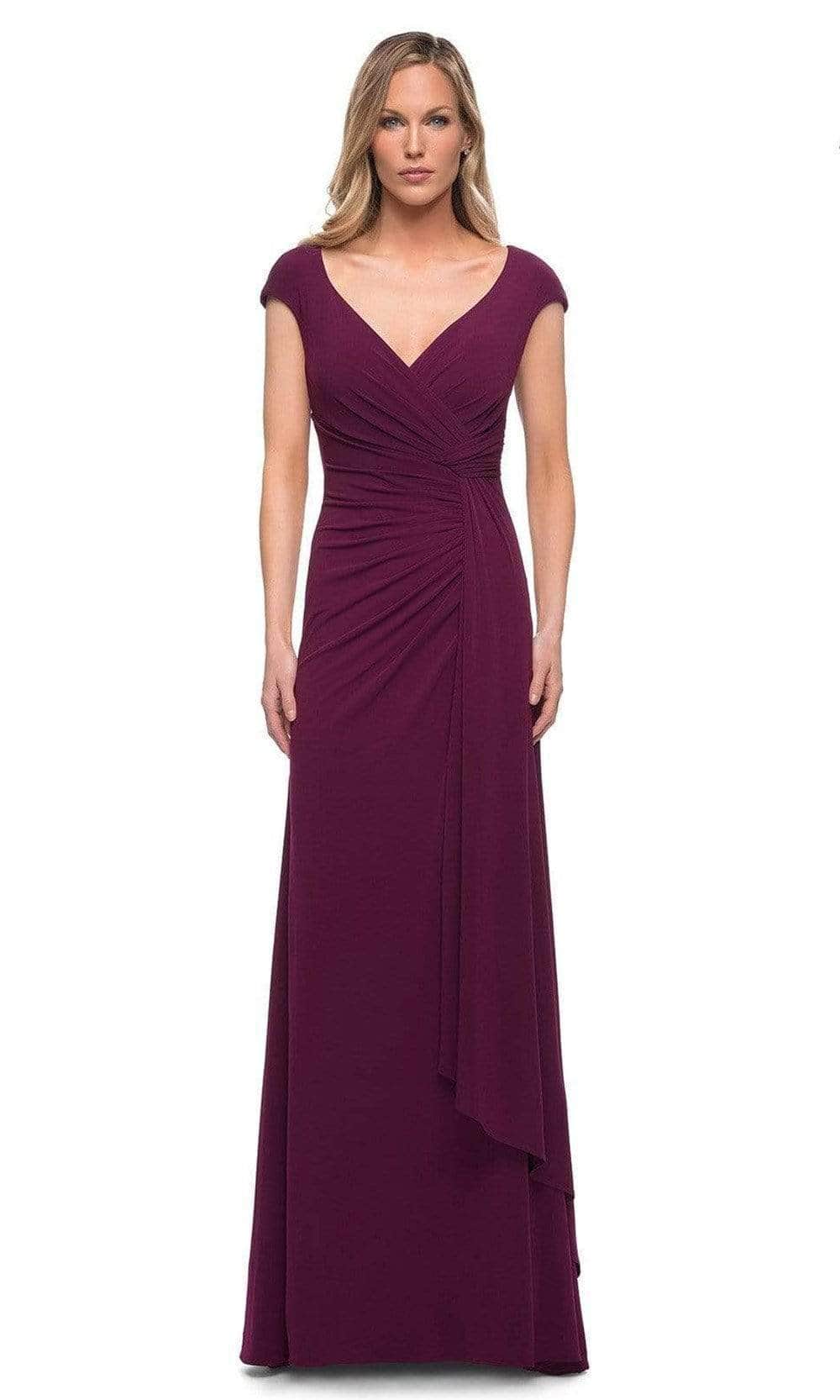 Ruched Bodice Cap Sleeve Formal Dress