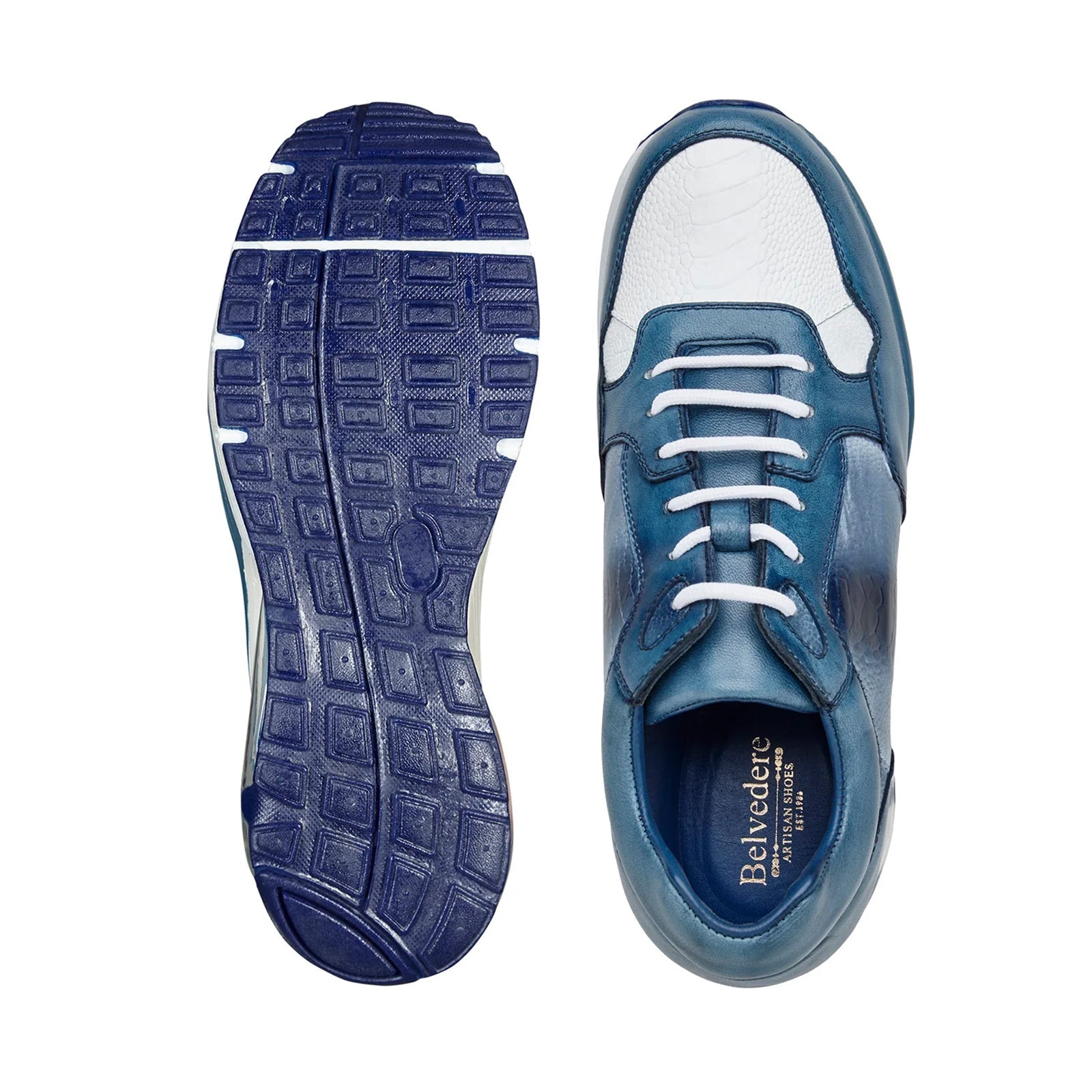 Men’s Belvedere Gino Ostrich Leg & Italian Calf Leather Dress Sneaker in Blue & White
