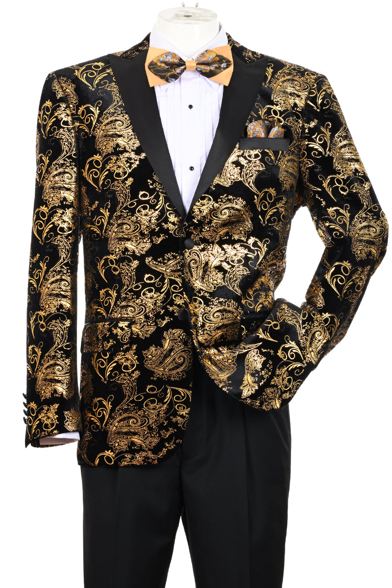 Men’s Modern Fit Velvet Floral Paisley Foil Tuxedo Jacket in Gold & Black