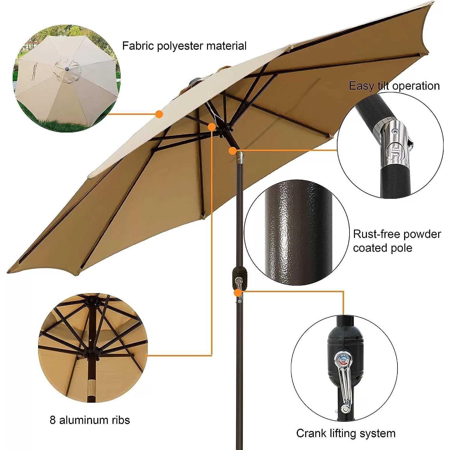 Blissun 9′ Outdoor Market Patio Umbrella with Push Button Tilt and Crank