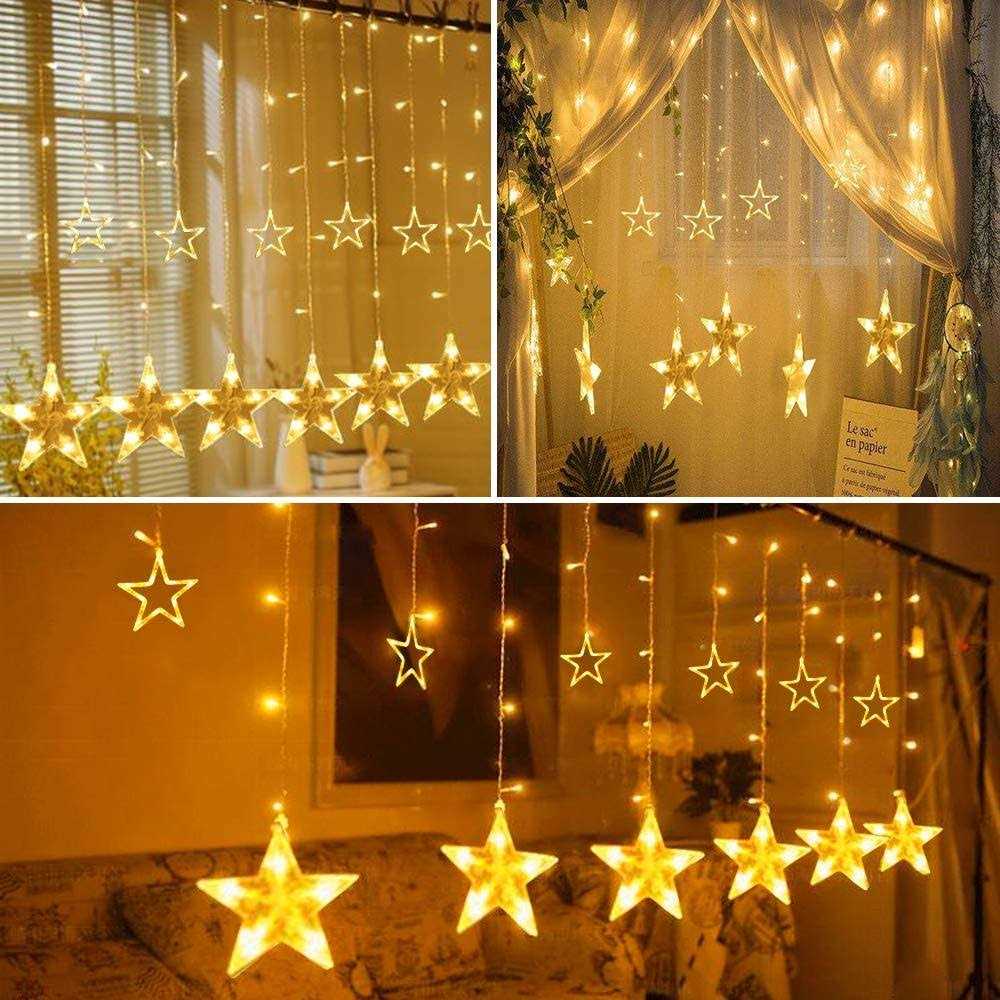 Tofu Star Curtain Lights 138 Led 12 Stars Remote Window Curtain String Lights Plug In With 8 Flashing Modes Decoration For Christmas