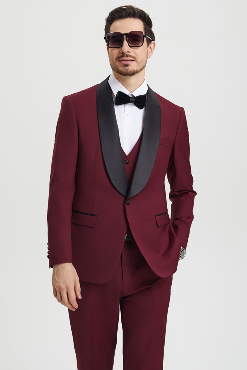 Men’s Stacy Adams Vested One Button Shawl Lapel Designer Tuxedo in Burgundy