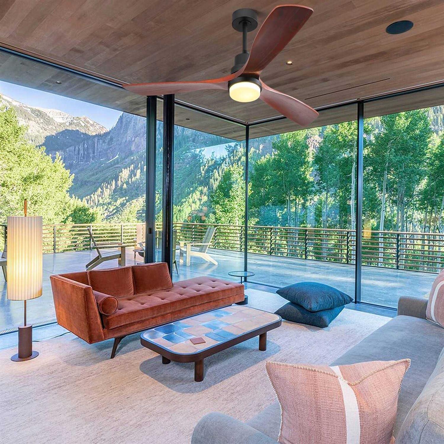 52 inch Indoor and Outdoor Downrod Solid Wood Ceiling Fan with Remote,Integrated Light Optional