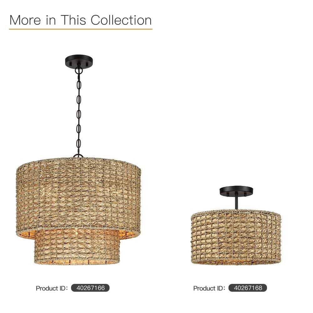 True Fine 13.6 in. 2-Light Natural Rattan Semi-Flush Mount Ceiling Light with Black Canopy