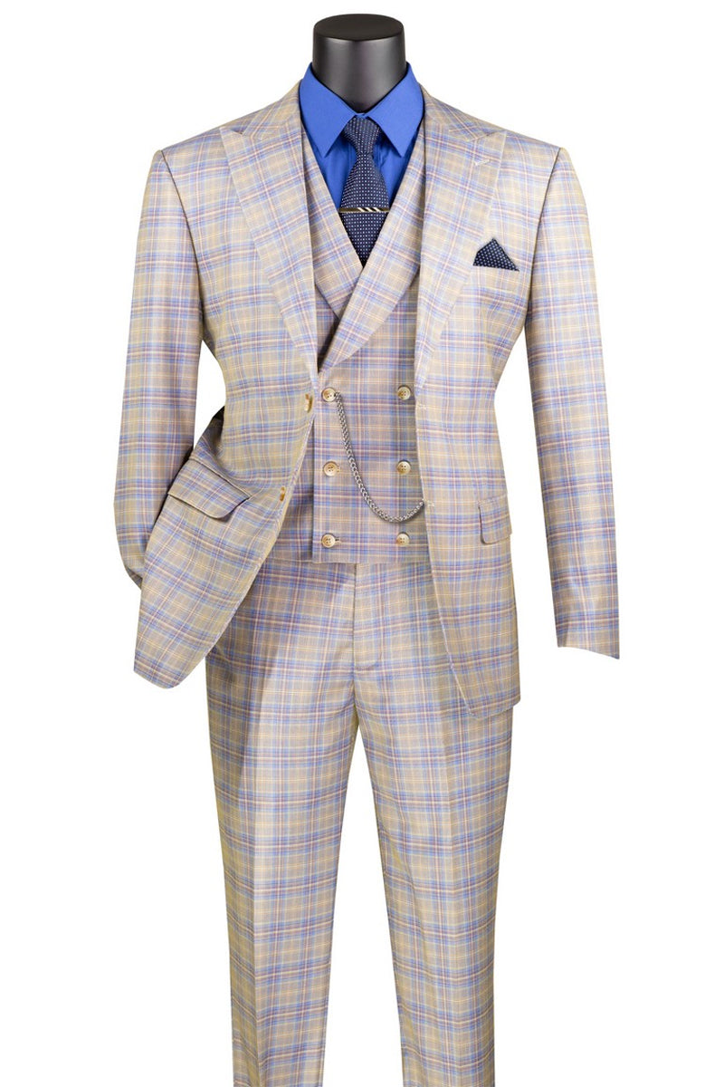 Men’s Summer Windowpane Plaid Suit with Double Breasted Vest in Blue