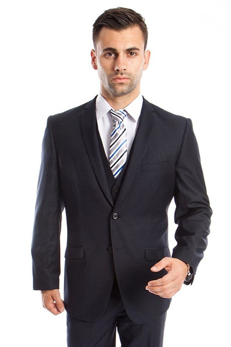Men’s Two Button Slim Fit Basic Vested Wedding Suit in Navy Blue