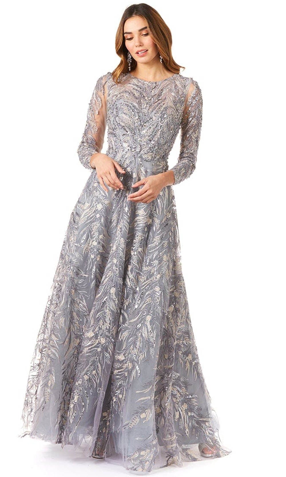 Floral Beaded Sheer Bateau Long Sleeved Dress