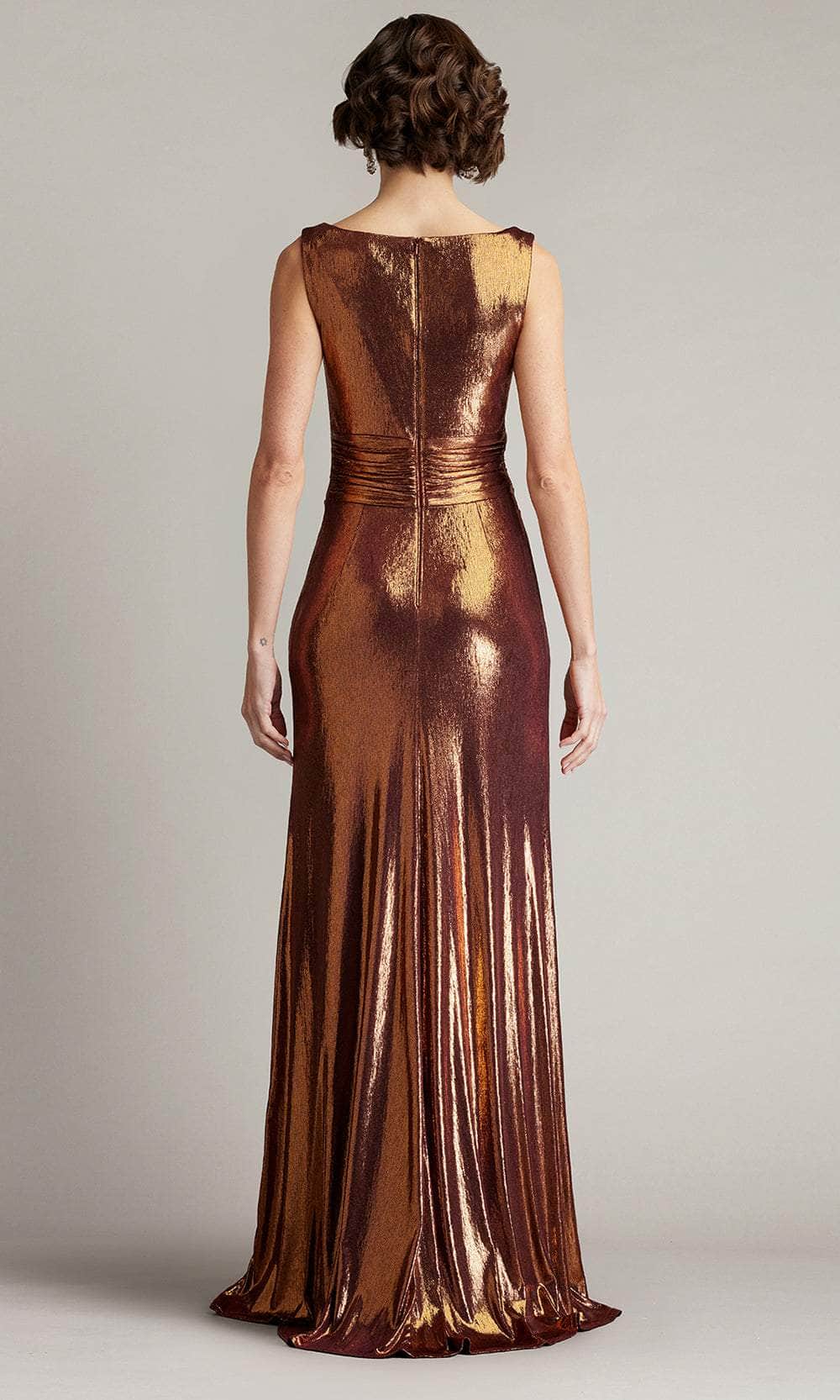 Vox V-Neck Slit Metallic Waterfall Drape Gown