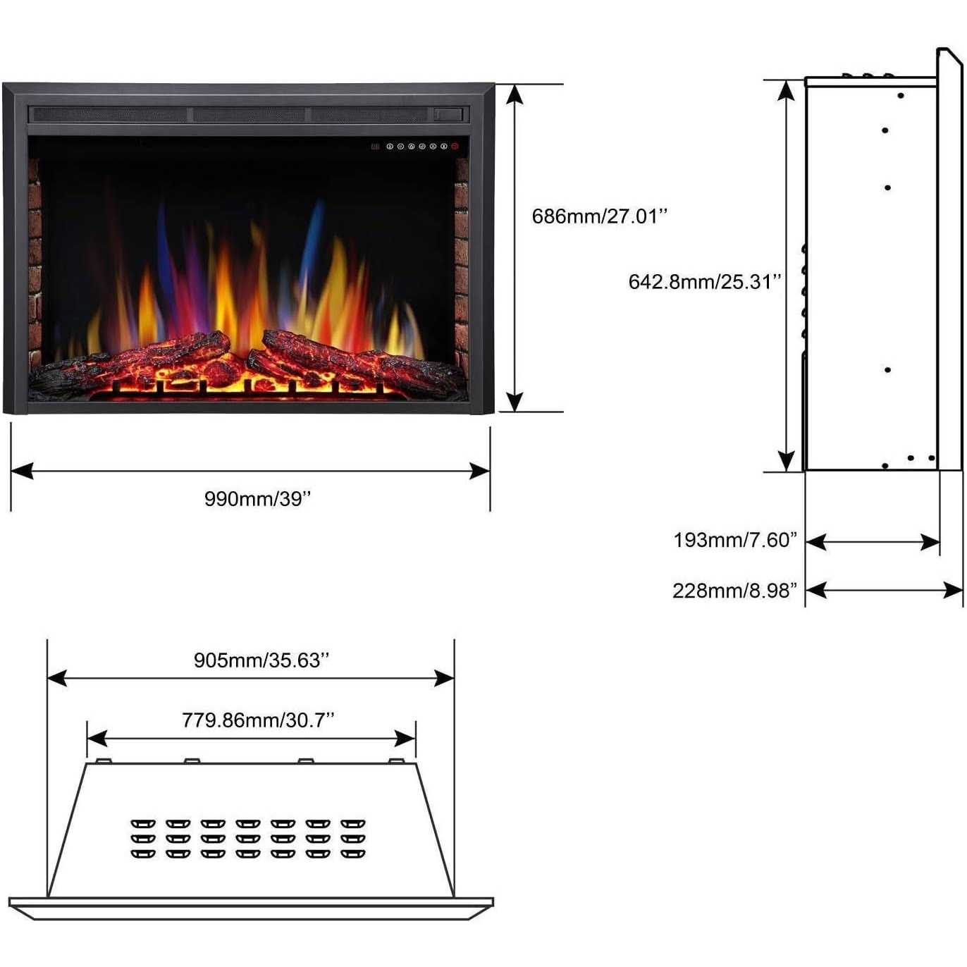 Electric Fireplace Insert Freestanding & Recessed Electric Heater Remote Control 750W/1500W R.W.FLAME