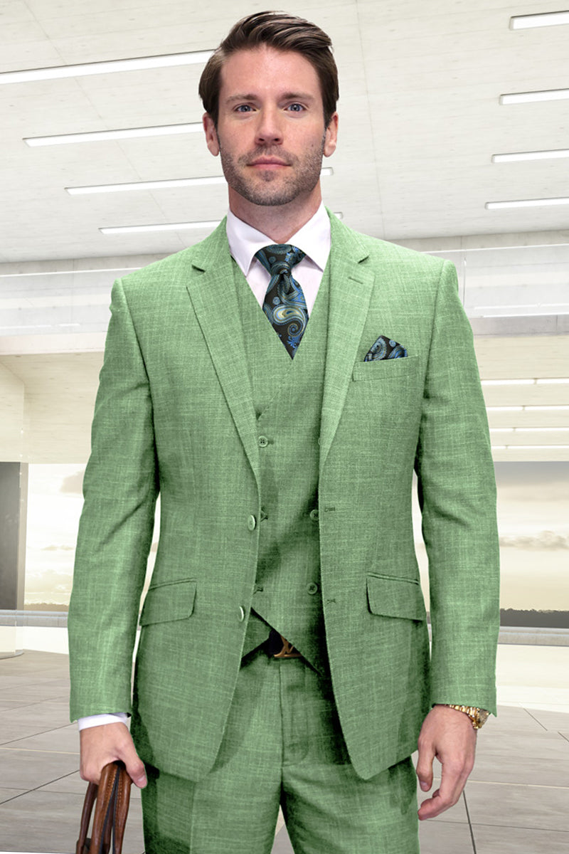 Men’s Designer Summer Sharkskin Wool Suit with Double Breated Vest in Mint Green