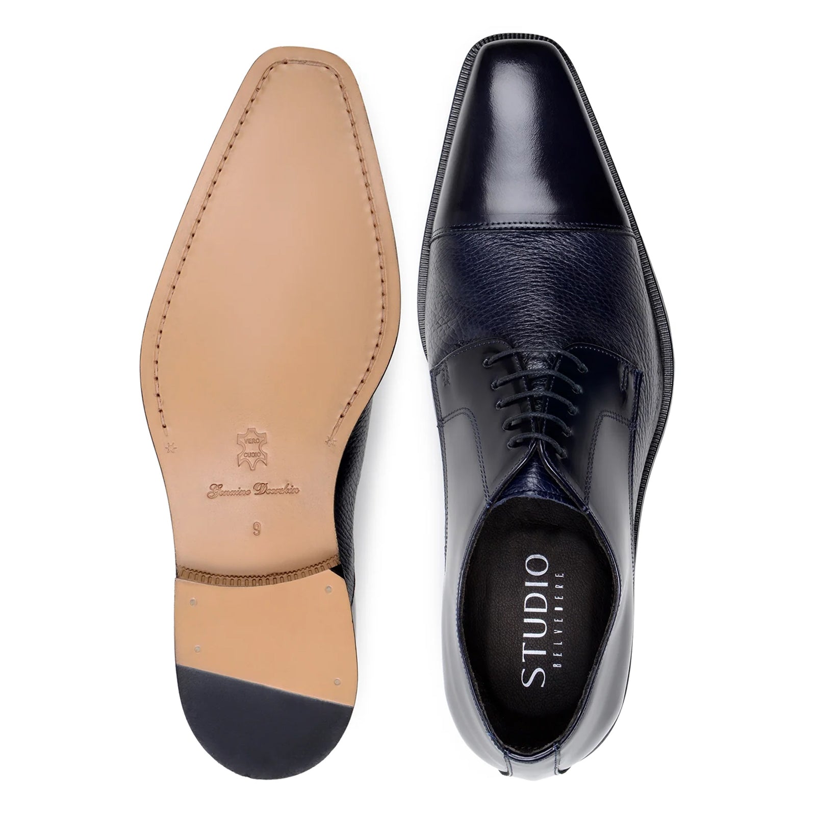 Men’s Belvedere Alexander Italian Deerskin & Nappa Leather Cap Toe Dress Shoe in Navy