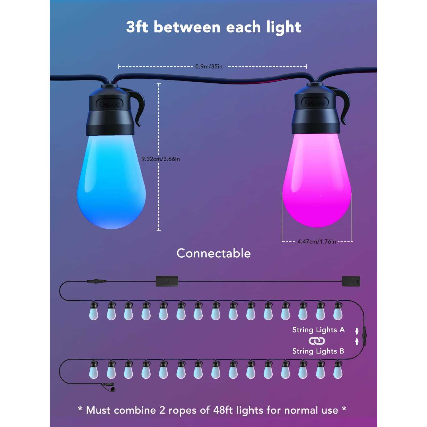 96ft Govee Smart Outdoor String Lights with RGBIC Warm White LED Bulbs