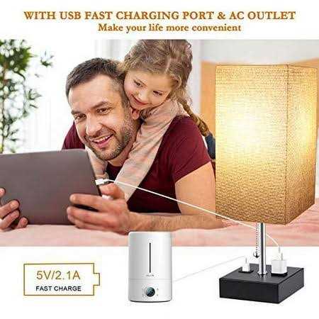 Wihtu 3-color Temperature Bedside Lamp with USB Port and AC Outlet Table Lamps for Bedroom Lamps Nightstand Lamps with Grey Shade Black Metal Bed Lamp