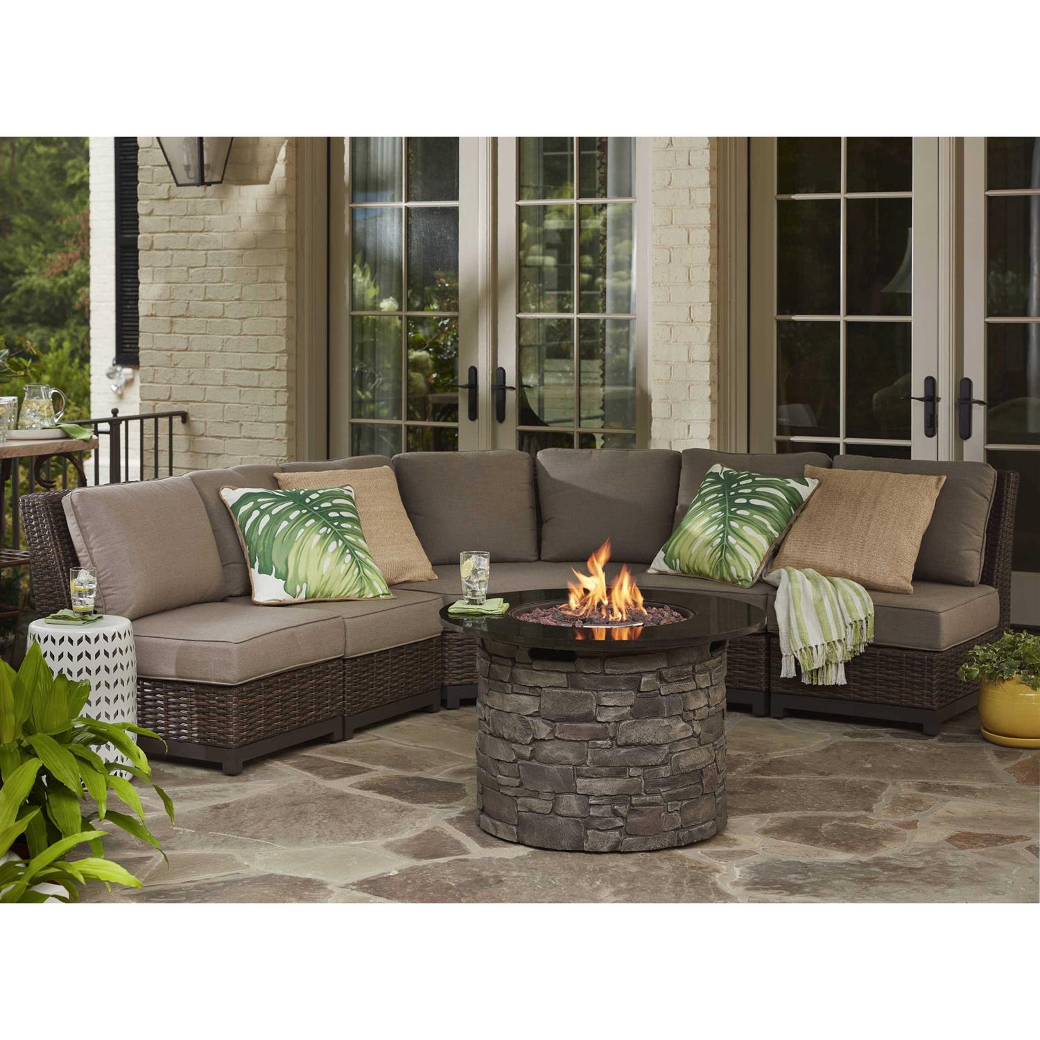 allen + roth Stacked stone Fire Pit Table 36.2-in W 50000-BTU Stacked Grey stone Portable Composite Propane Gas Fire Table