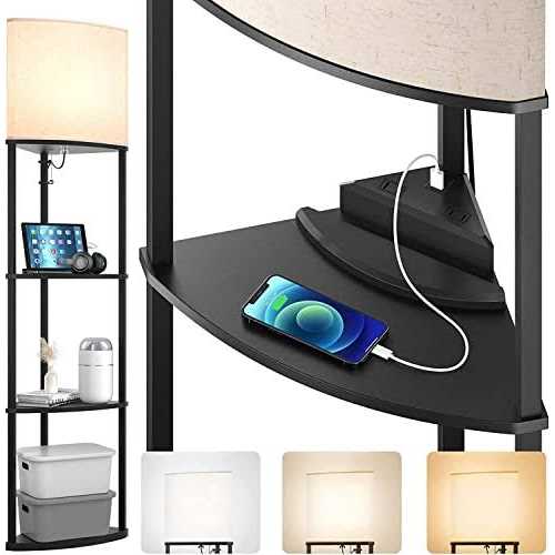 addlon 5-Tier Sector Corner Shelf Floor Lamp with 3 Color Temperatures LED Bulb and White Lamp Shade