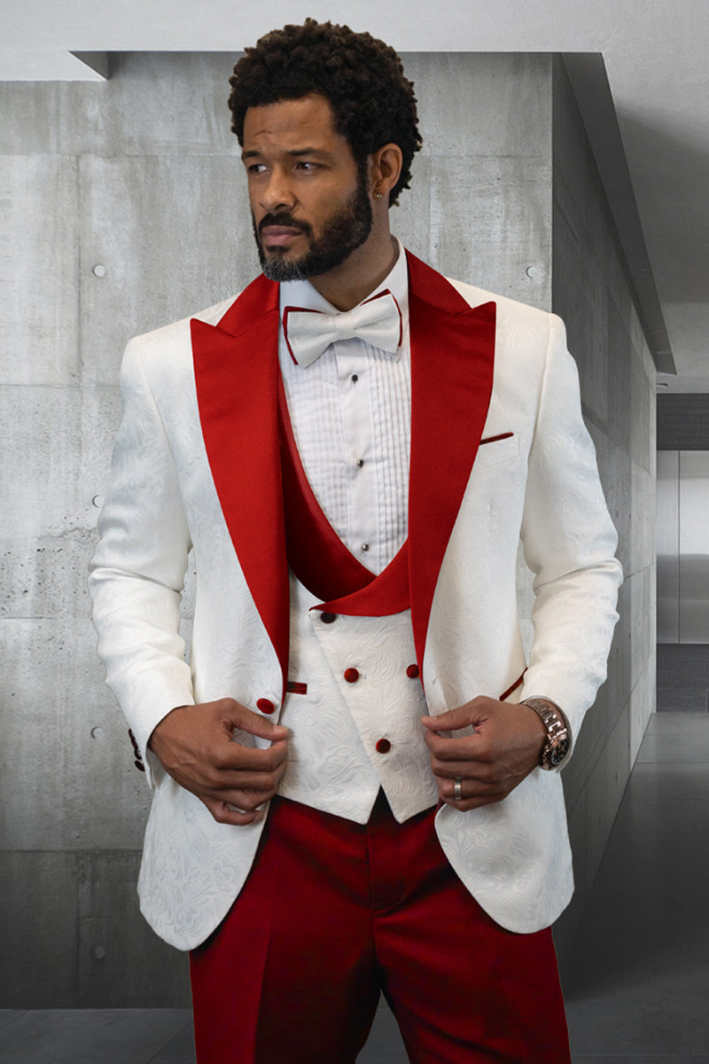 Men’s Designer Vested Contrast Peak Lapel Wool Wedding & Prom Tuxedo in White Paisley & Red