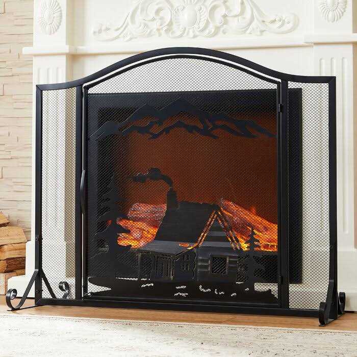 Vanity Art Unique Forest Woodhouse Black Single Panel Iron Fireplace Screen