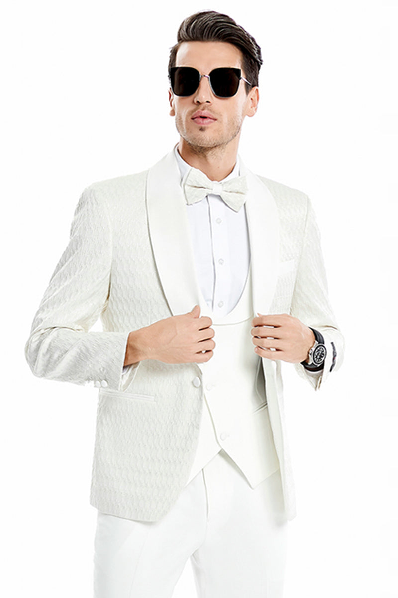 Men’s One Button Vested Honeycomb Lace Design Wedding & Prom Tuxedo in Ivory