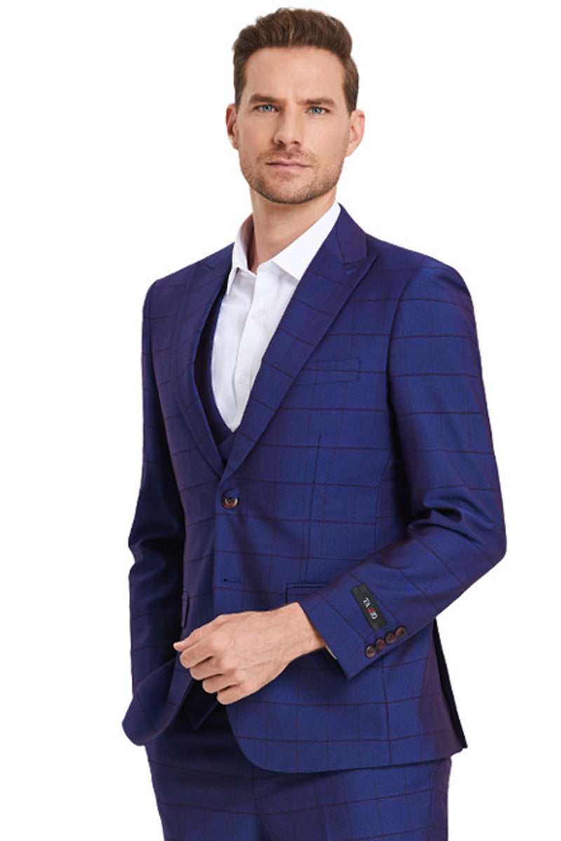 Men’s Two Button Vested Peak Lapel Sharkskin Suit in Indigo Blue Windowpane Plaid