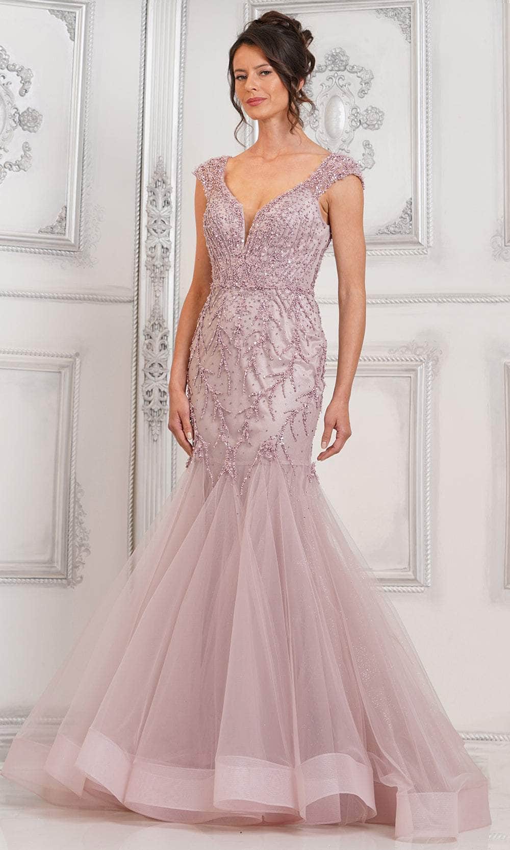 Sheer Cap Sleeve Beaded Formal Gown