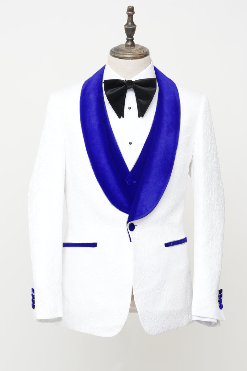 Men’s Vested White Paisley Wedding & Prom Tuxedo with Royal Blue Velvet Lapel