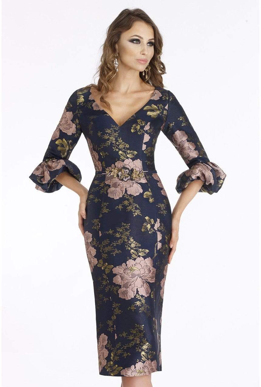 18905SH Floral Detailed V-neck Sheath Dress