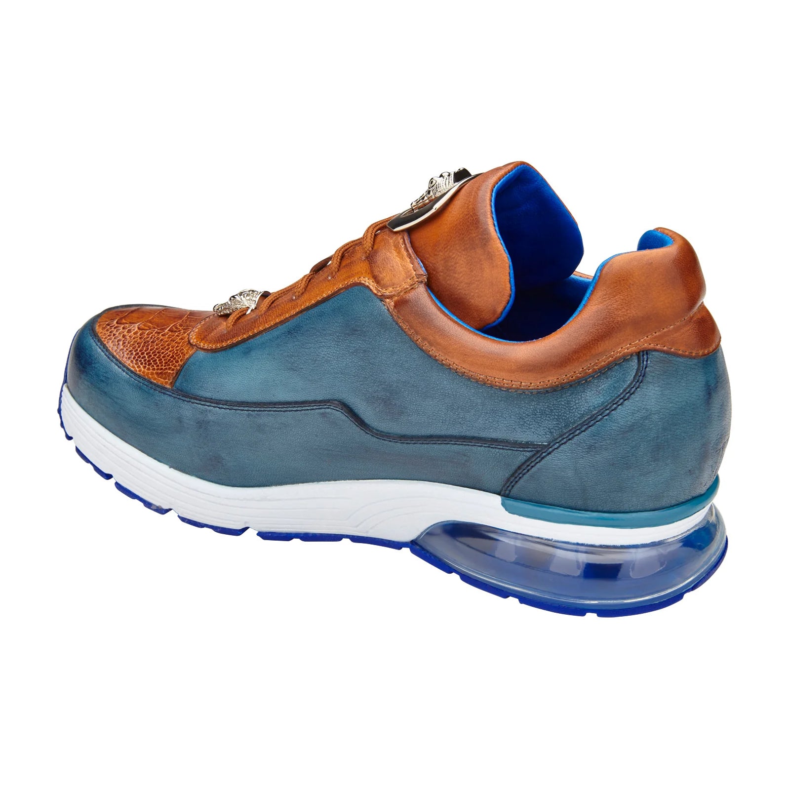 Men’s Belvedere Flash Calf & Ostrich Leg Sneaker in Camel & Blue