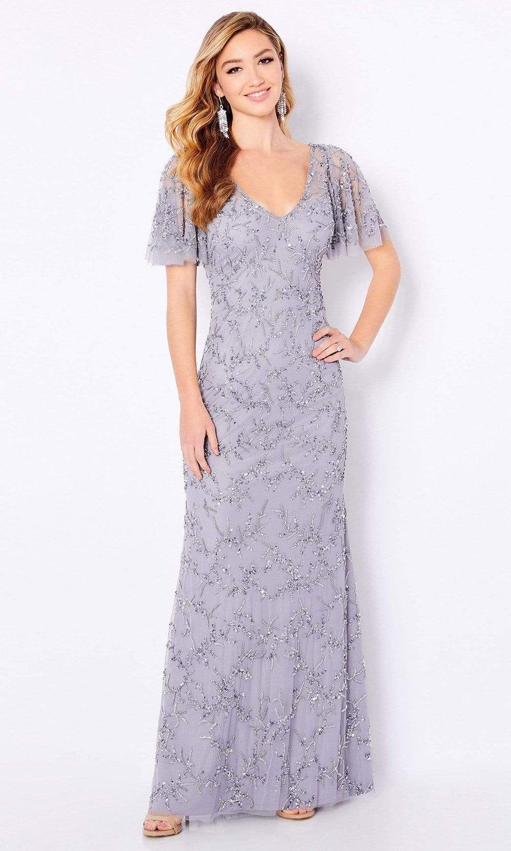 221681 Beaded V Neck Long Sheath Dress