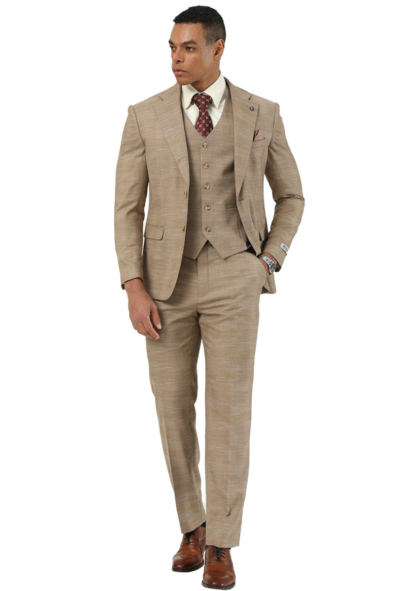 Men’s Stacy Adams Vested Sharkskin Pattern Business Suit in Tan