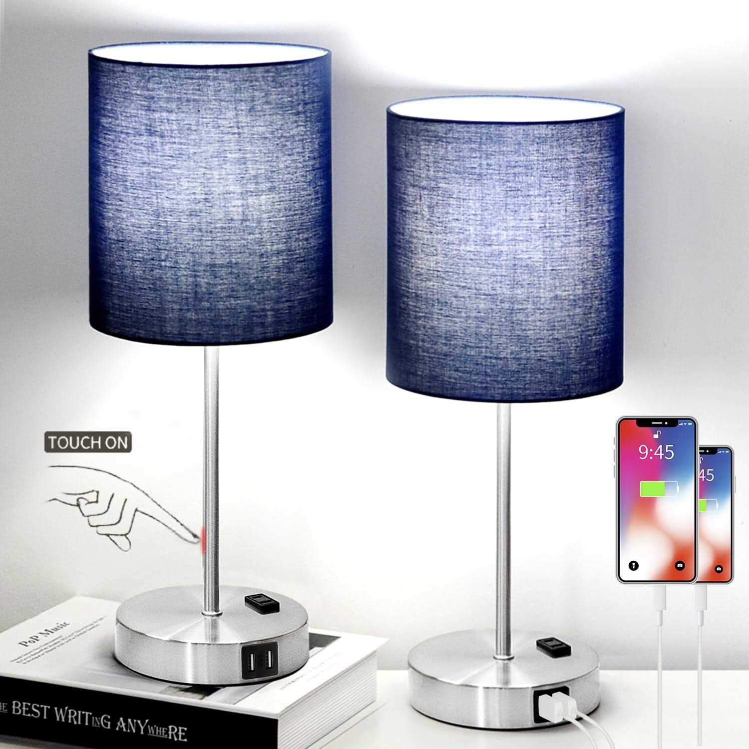 2023 NEW Set of 2 Touch Control Table Lamps with 2 USB & AC Outlet