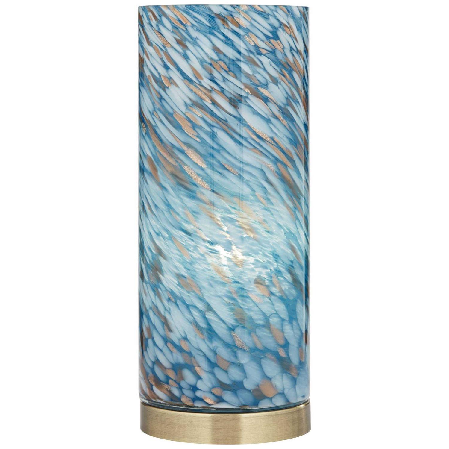 360 Lighting Modern Coastal Accent Table Lamp 13 1/2 High Brass Blue Art Glass Cylinder Shade for Bedroom Living Room Nightstand