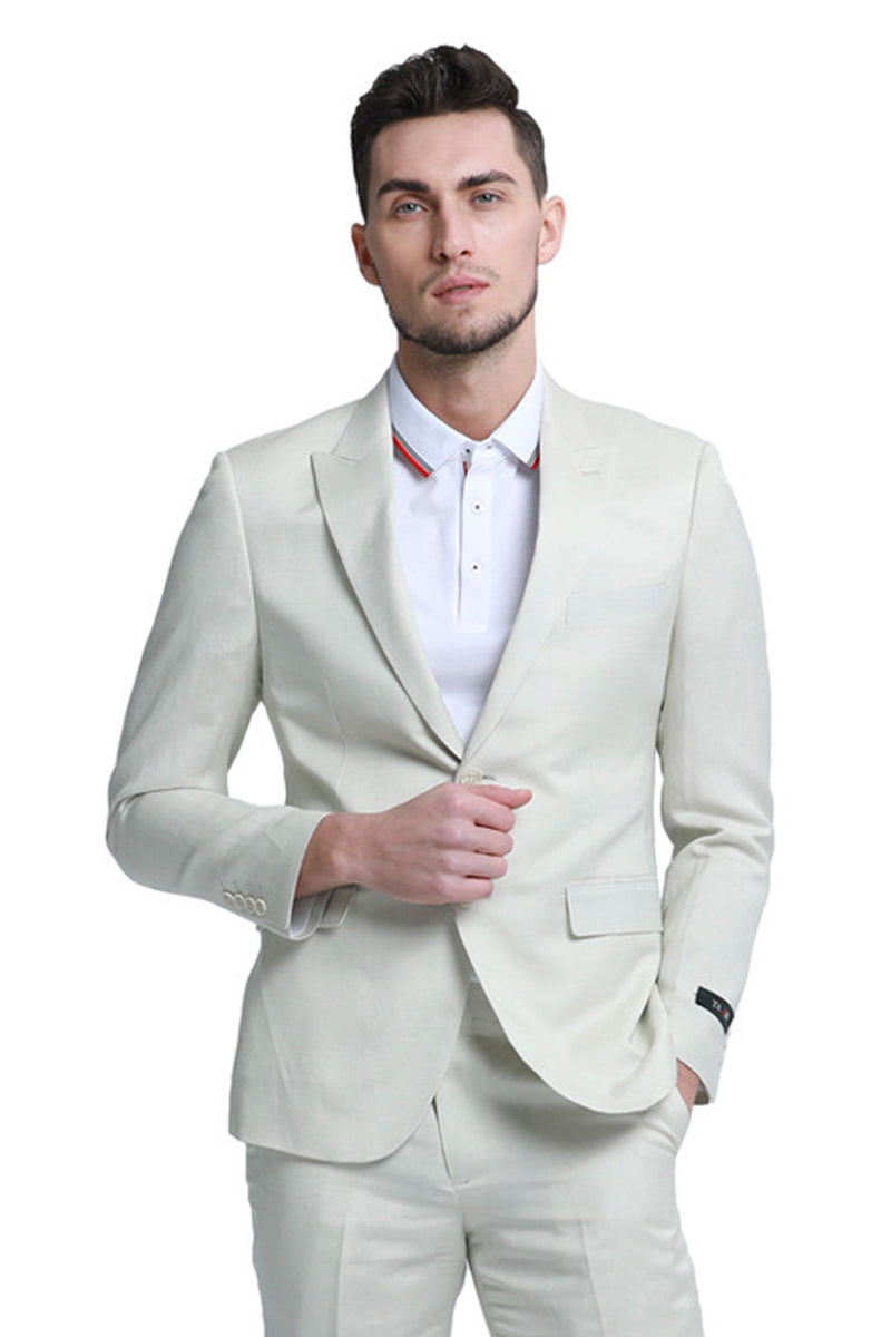 Men’s Two Button Peak Lapel Summer Linen Style Beach Wedding Suit in Ivory Off White