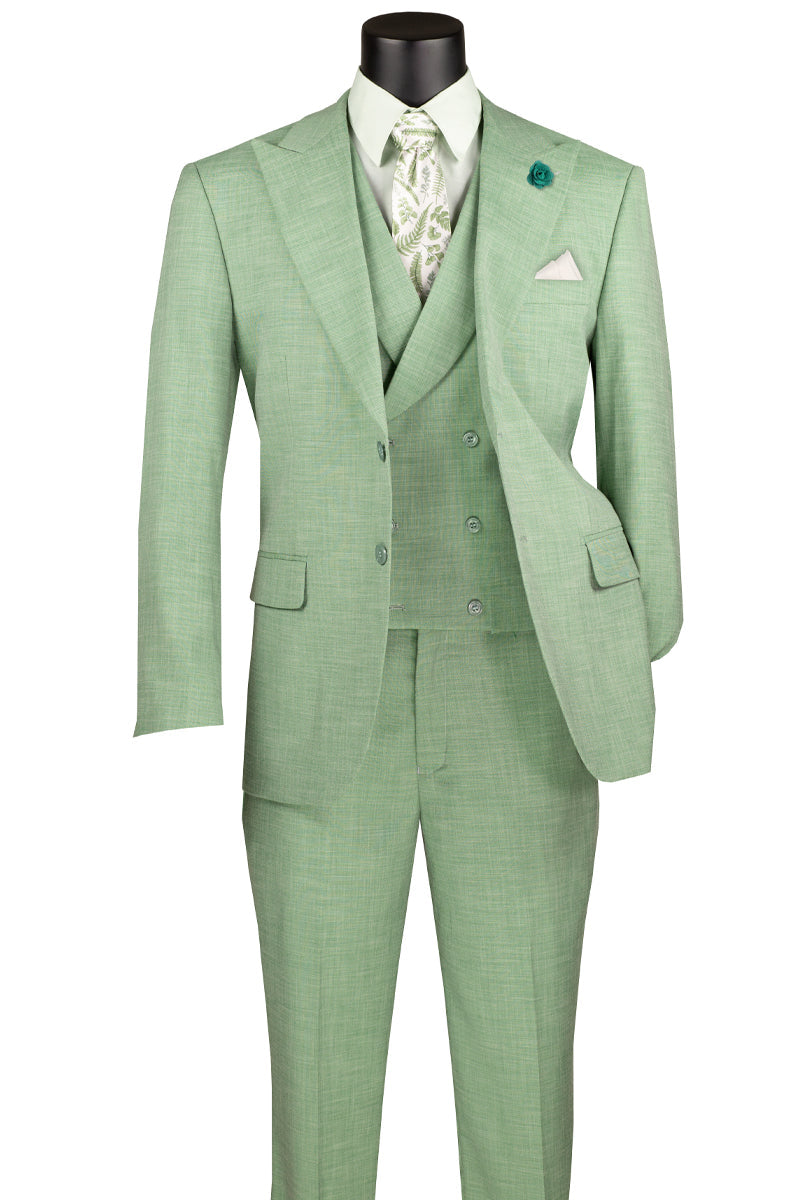 Men’s Summer Sharkskin Suit with Double Breasted Vest in Light Green