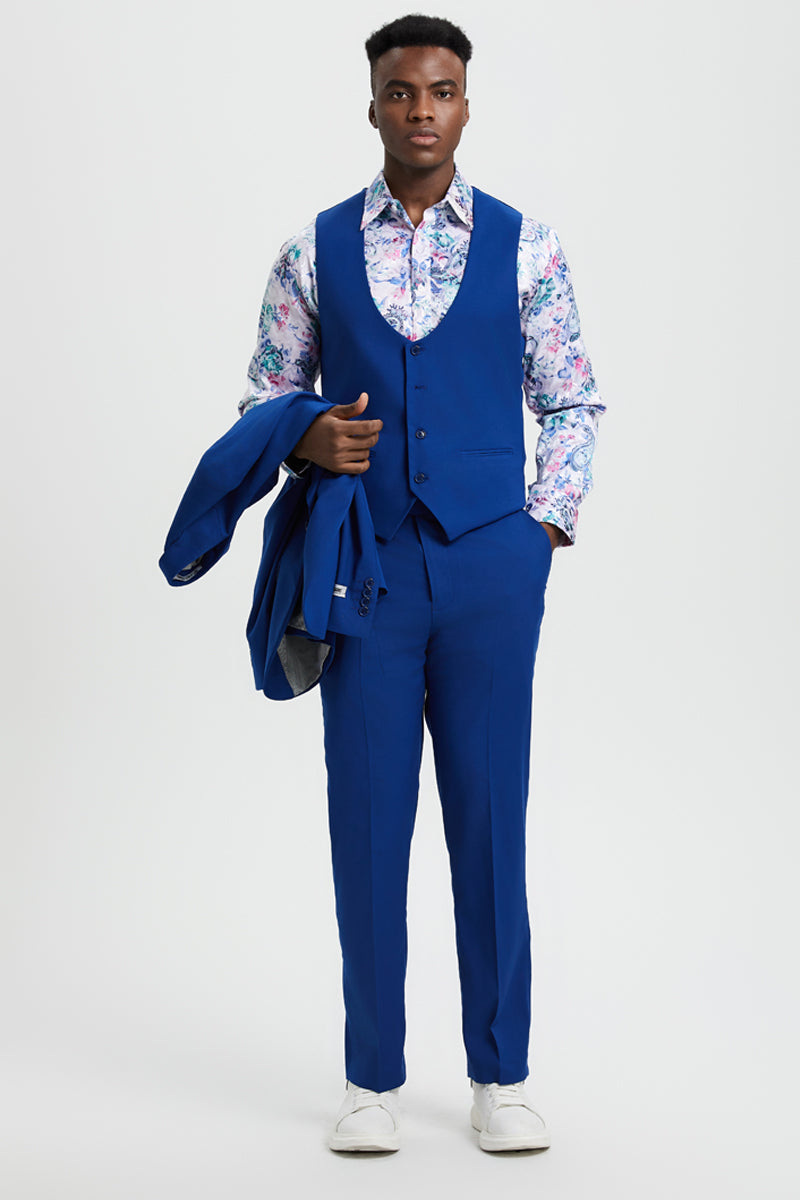 Men’s Vested One Button Peak Lapel Stacy Adams Suit in Indigo Blue