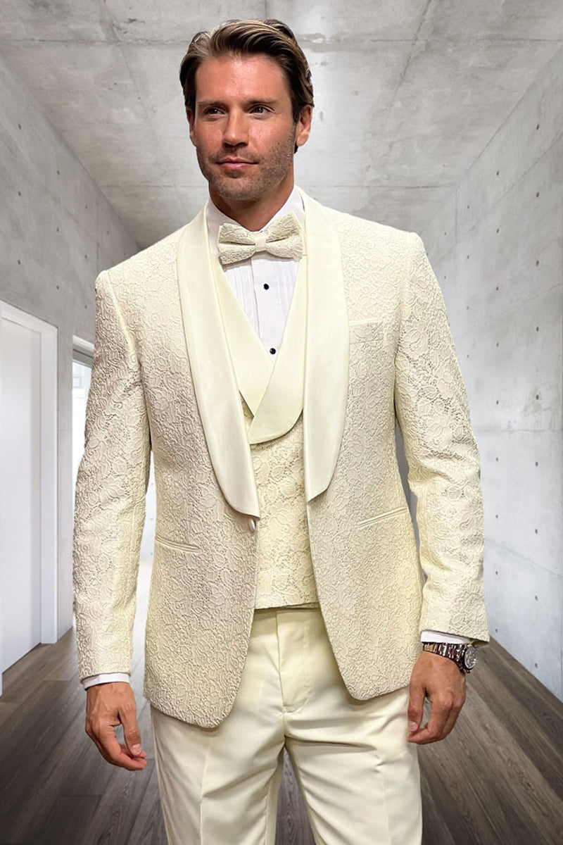 Men’s Designer Vested Floral Lace Wedding Tuxedo in Ivory