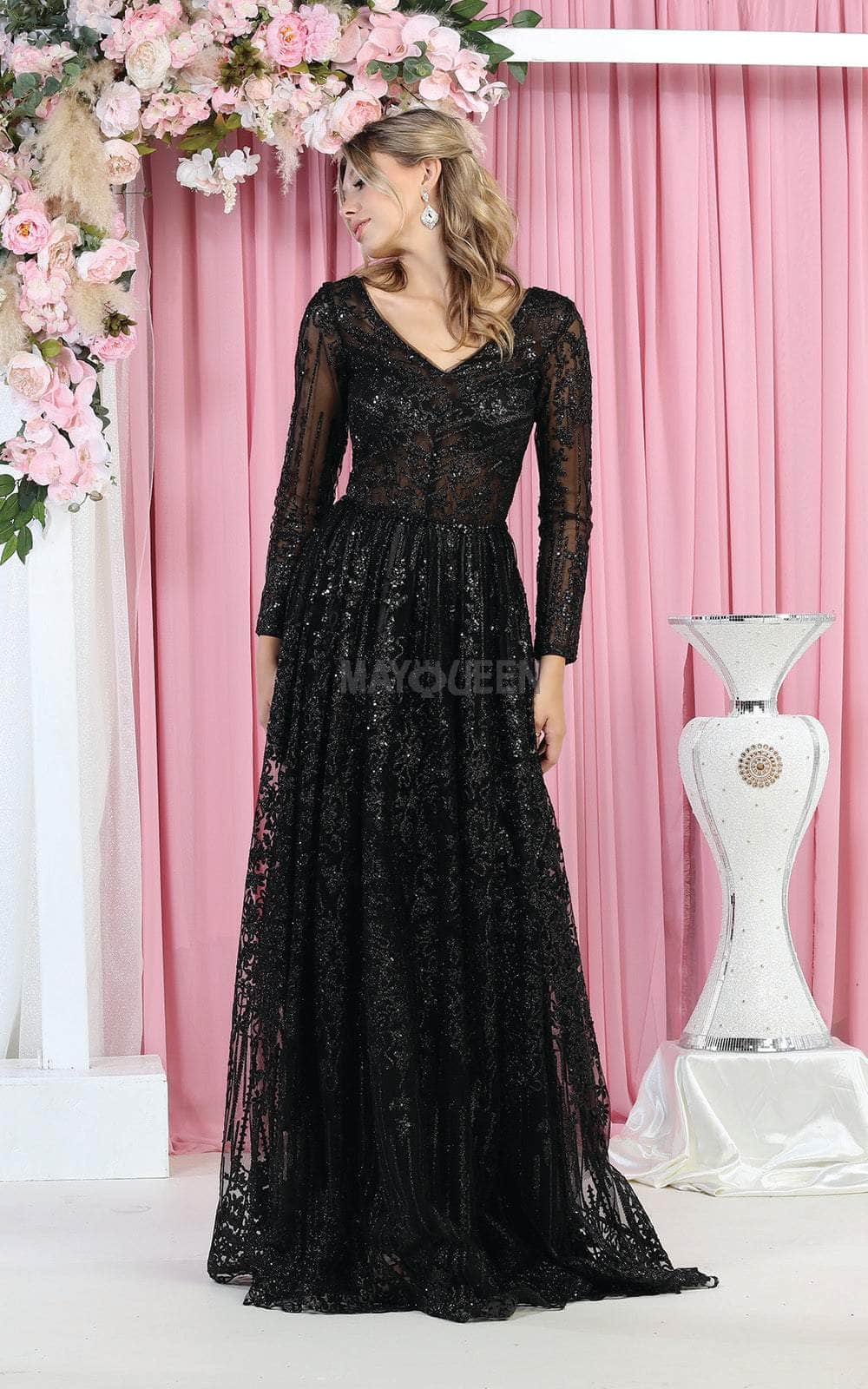 Ornated Sheer Bodice Long Sleeve A Line Dress
