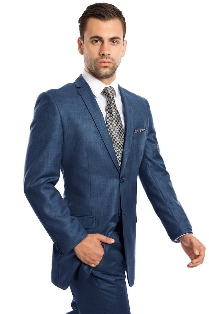 Men’s Slim Fit Textured Shiny Sharkskin Suit in Indigo Blue