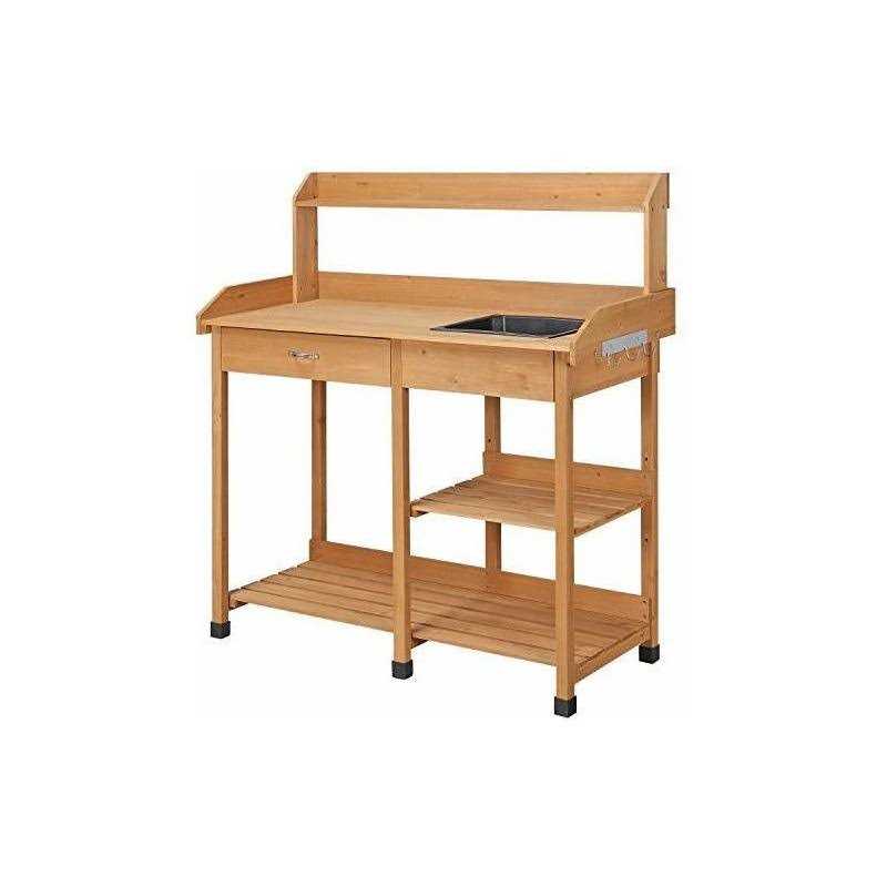 Yaheetech Potting Bench Outdoor Garden Work Bench Station Planting Solid Wood Construction for Horticulture w/Sink Drawer Rack Shelves