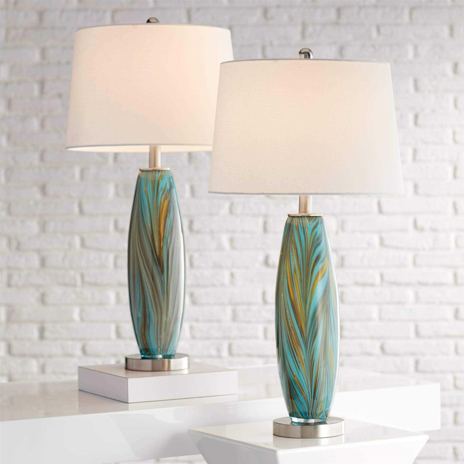 360 Lighting Azure Modern Table Lamps Tall Set of 2 Blue Brown Glass Living Room Bedroom