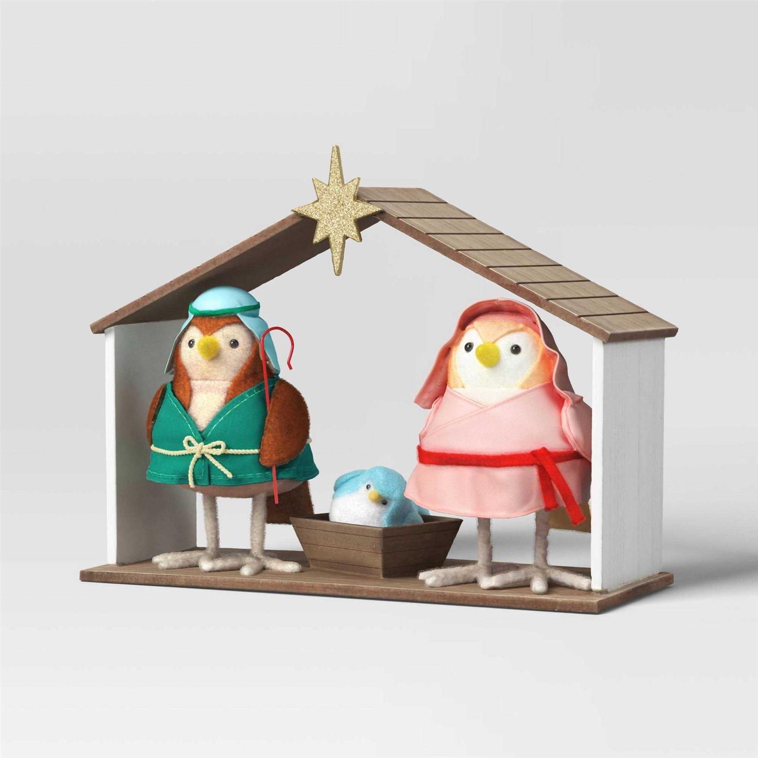 Wondershop 4pc Featherly Friends Fabric Bird Christmas Nativity Scene Figurine Set