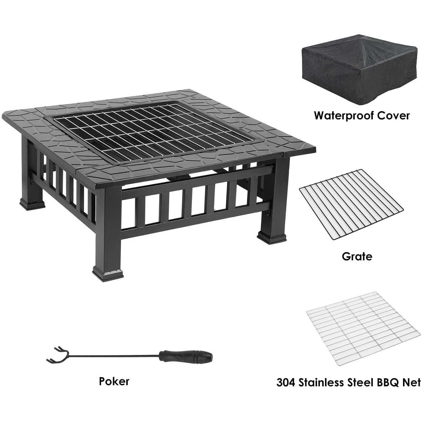 Lazy Buddy Steel Fire Pits for Outside 32&” Square Wood Burning Fire Pit Table