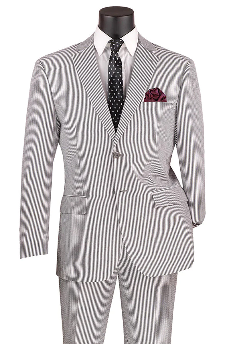 Men’s 2PC Summer Seersucker Modern Fit Suit in Black Pinstripe