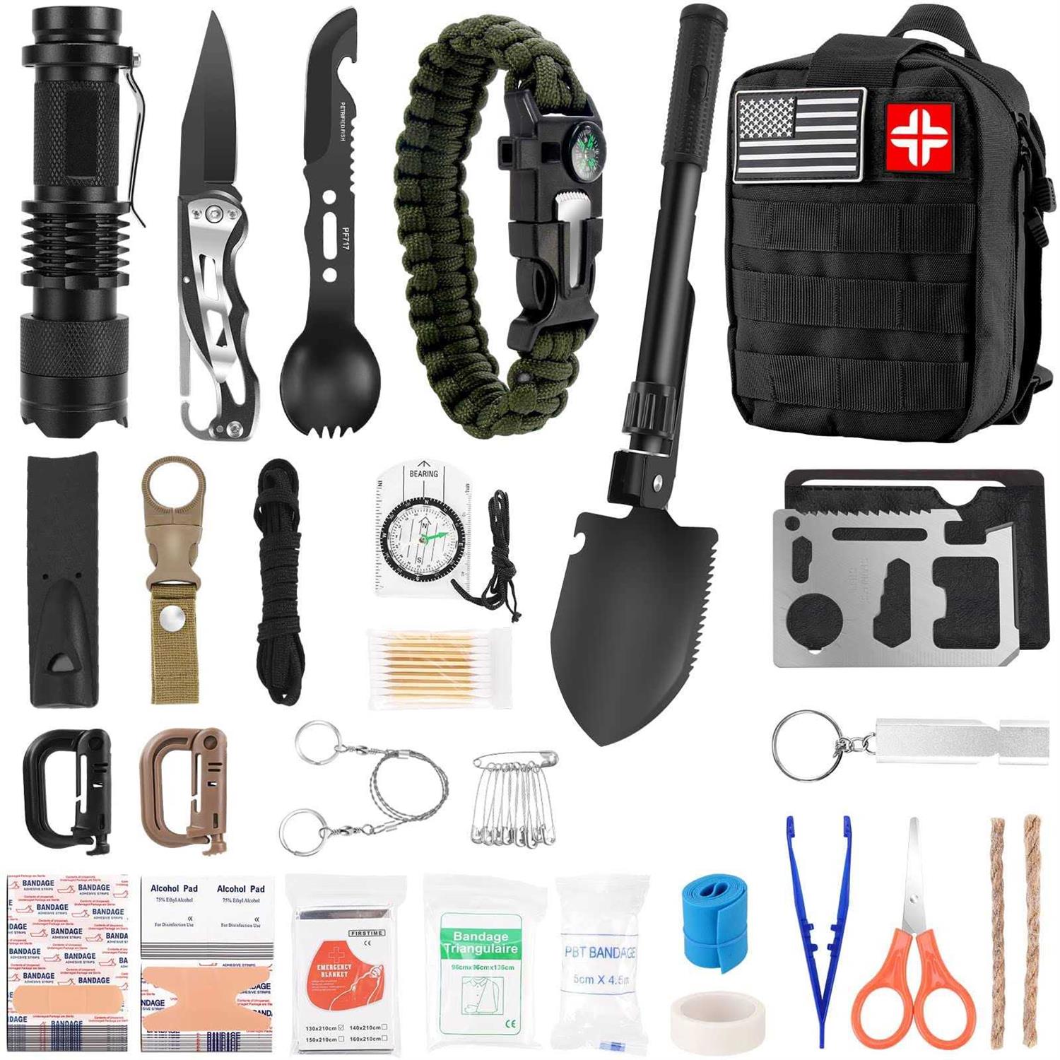 Emergency Survival Kit First Aid Kit 121Pcs Tactical Gear Camping Gear Emergency Supplies with MOLLE Pouch
