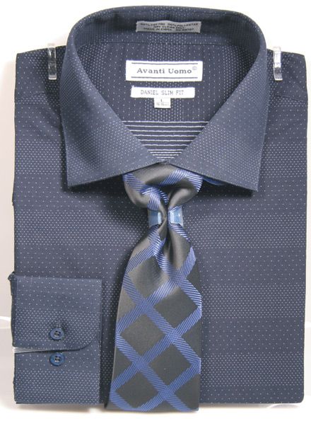 Men’s Spread Collar Mini Dot Dress Shirt & Tie Set in Navy