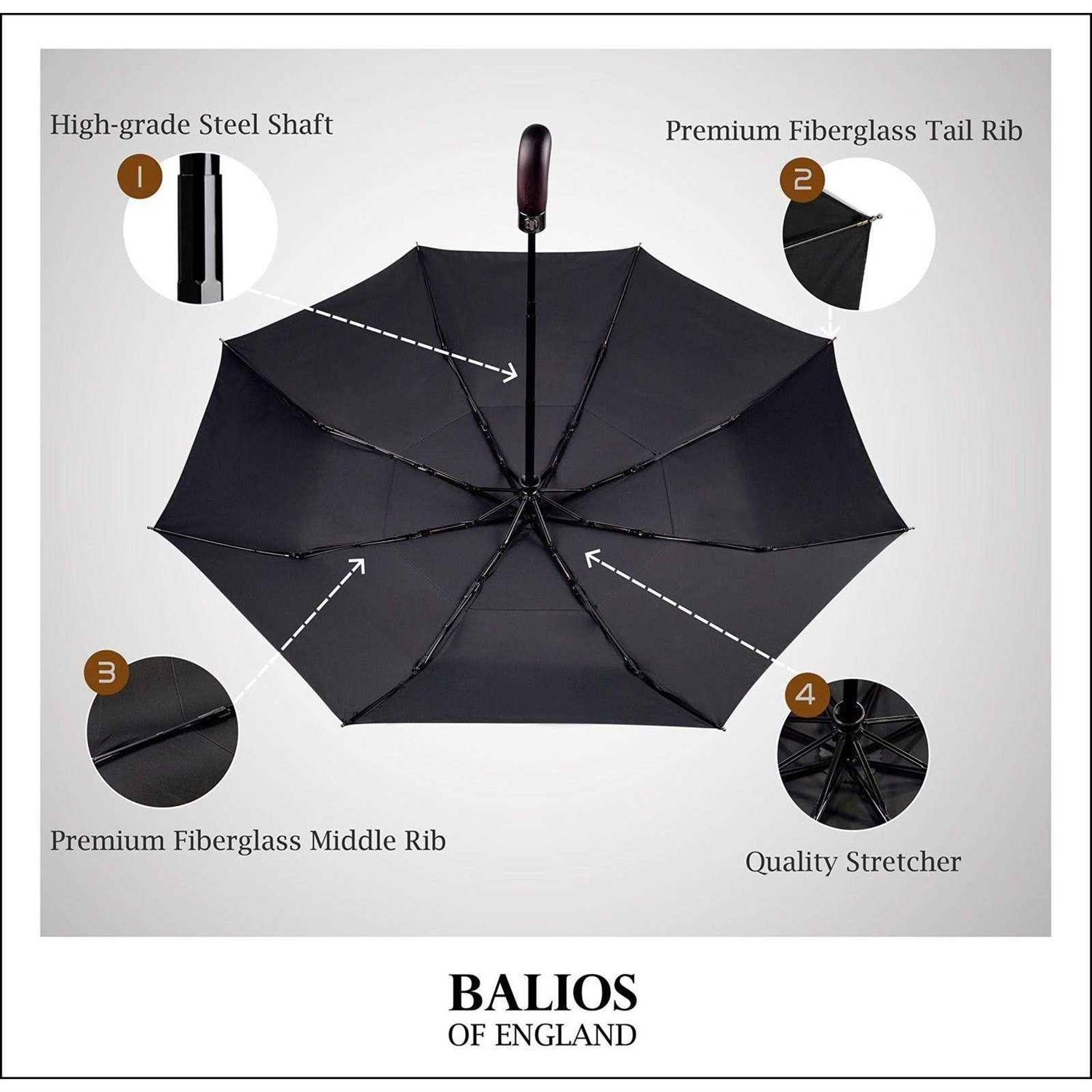 Balios Folding Umbrella Real Wood Handle Auto Open Close Vented Canopy